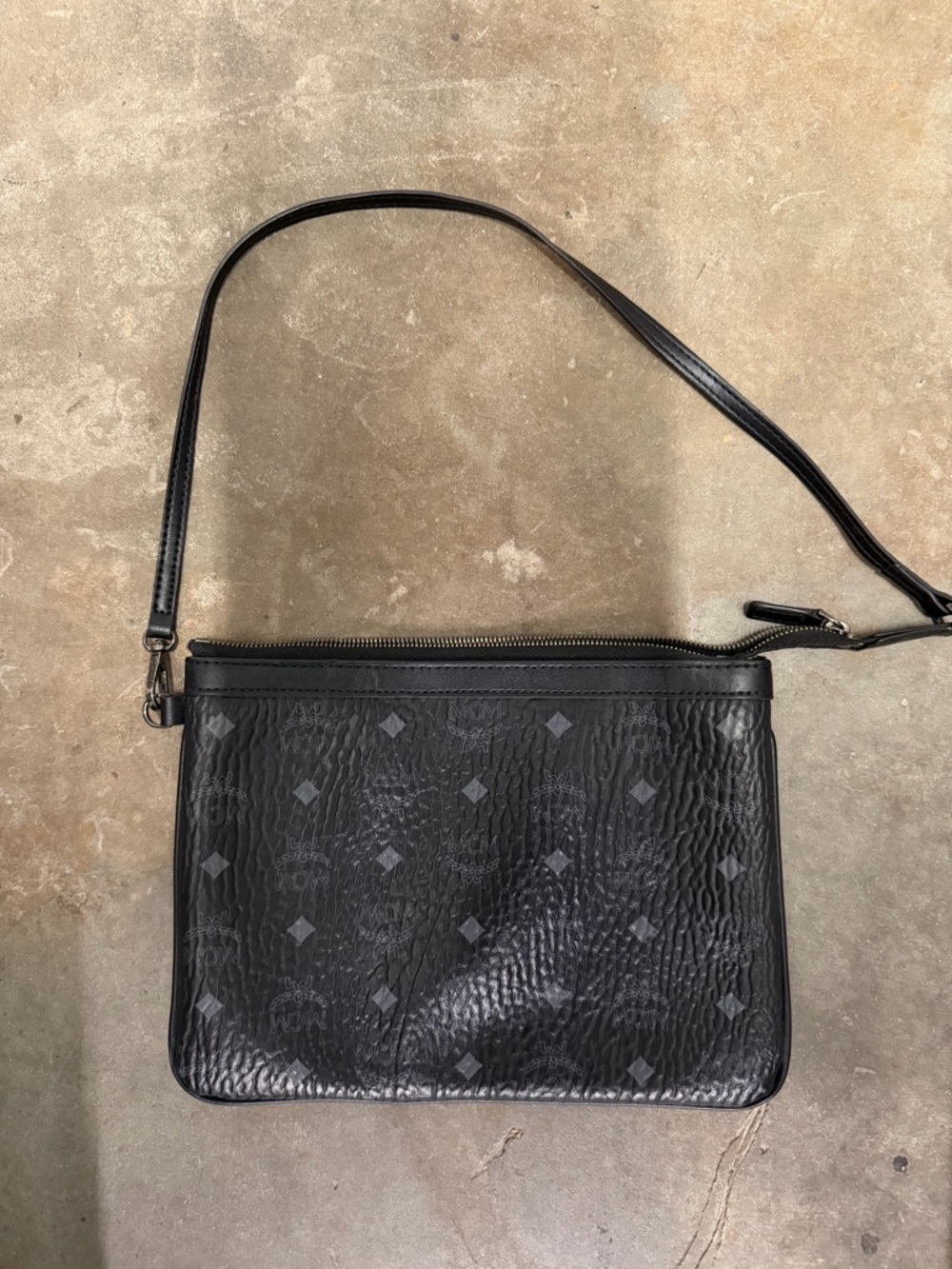 MCM Black Monogram Zip Top Crossbody with Patterned Lining